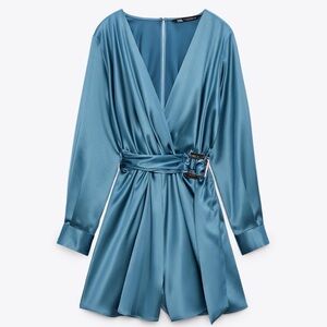 Zara Teal Satin Long Sleeve Dress